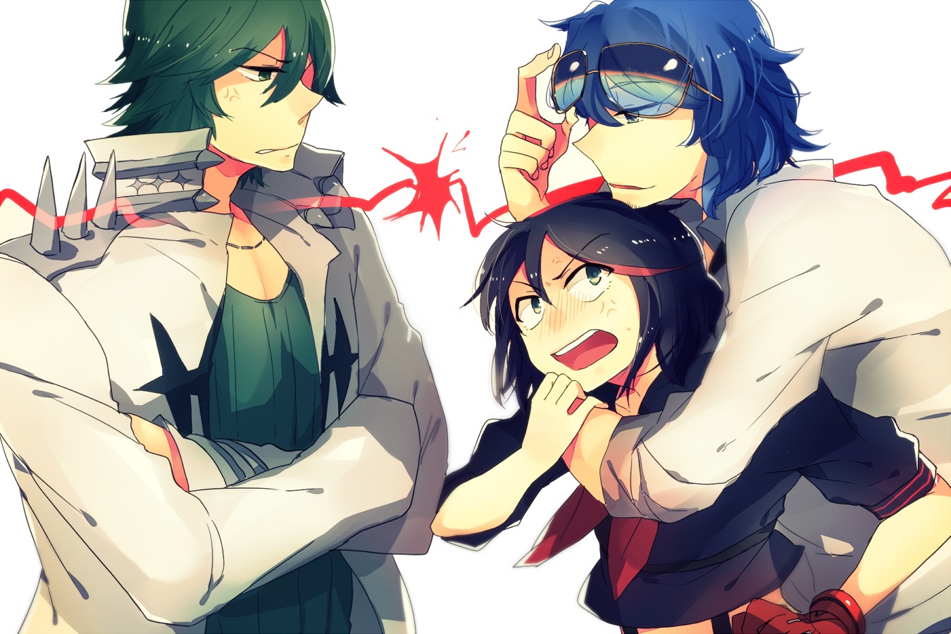 anko_(kirikiri), black_hair, blue_hair, blush, glasses, gloves, green_hair, kill_la_kill
