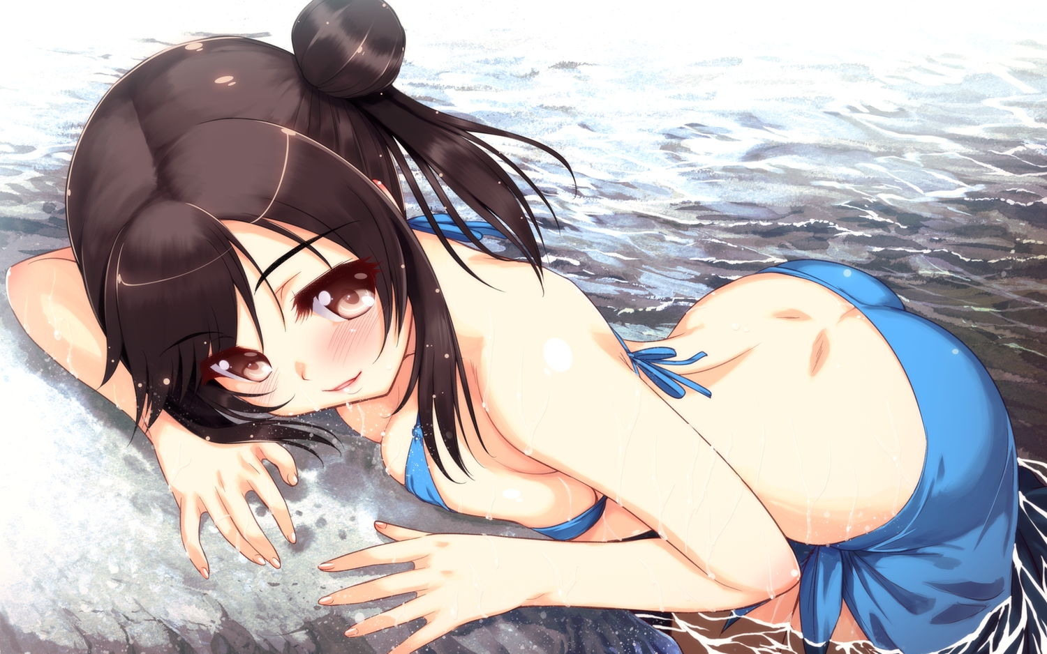 bikini, blush, brown_eyes, brown_hair, close, ichijou_hotaru, moric, non_non_biyori, swimsuit, water, wet
