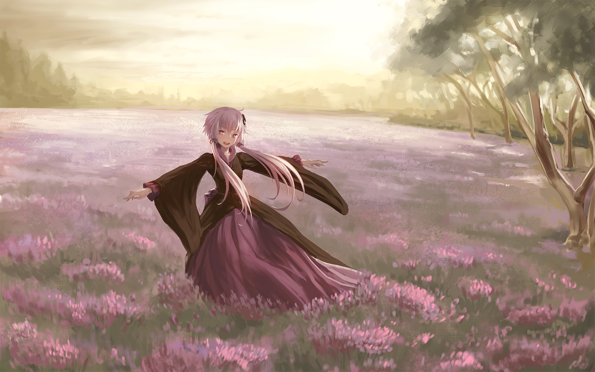 flowers, long_hair, pink_eyes, pink_hair, shantao_(yamamomo), tree, twintails, vocaloid