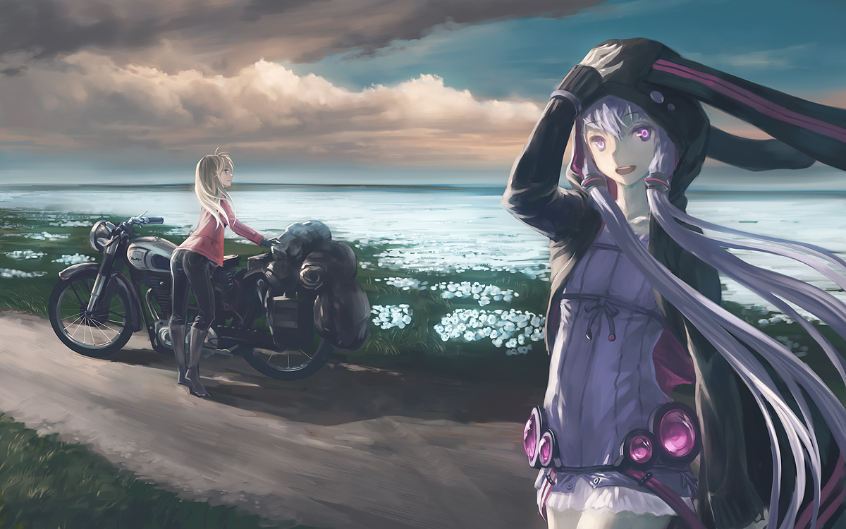 2girls, blonde_hair, boots, clouds, flowers, hood, long_hair, motorcycle, pink_eyes, pink_hair, shantao_(yamamomo), sky, tsurumaki_maki, twintails, vocaloid, voiceroid, yuzuki_yukari