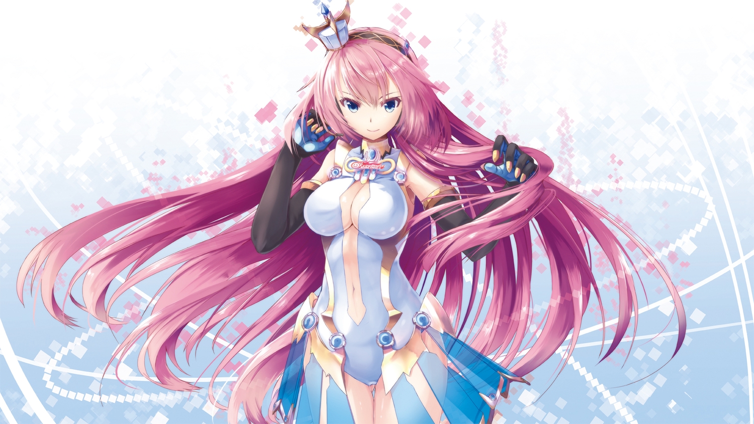 blue_eyes, breasts, cleavage, daidou_(demitasse), elbow_gloves, gloves, long_hair, megurine_luka, navel, pink_hair, swimsuit, vocaloid