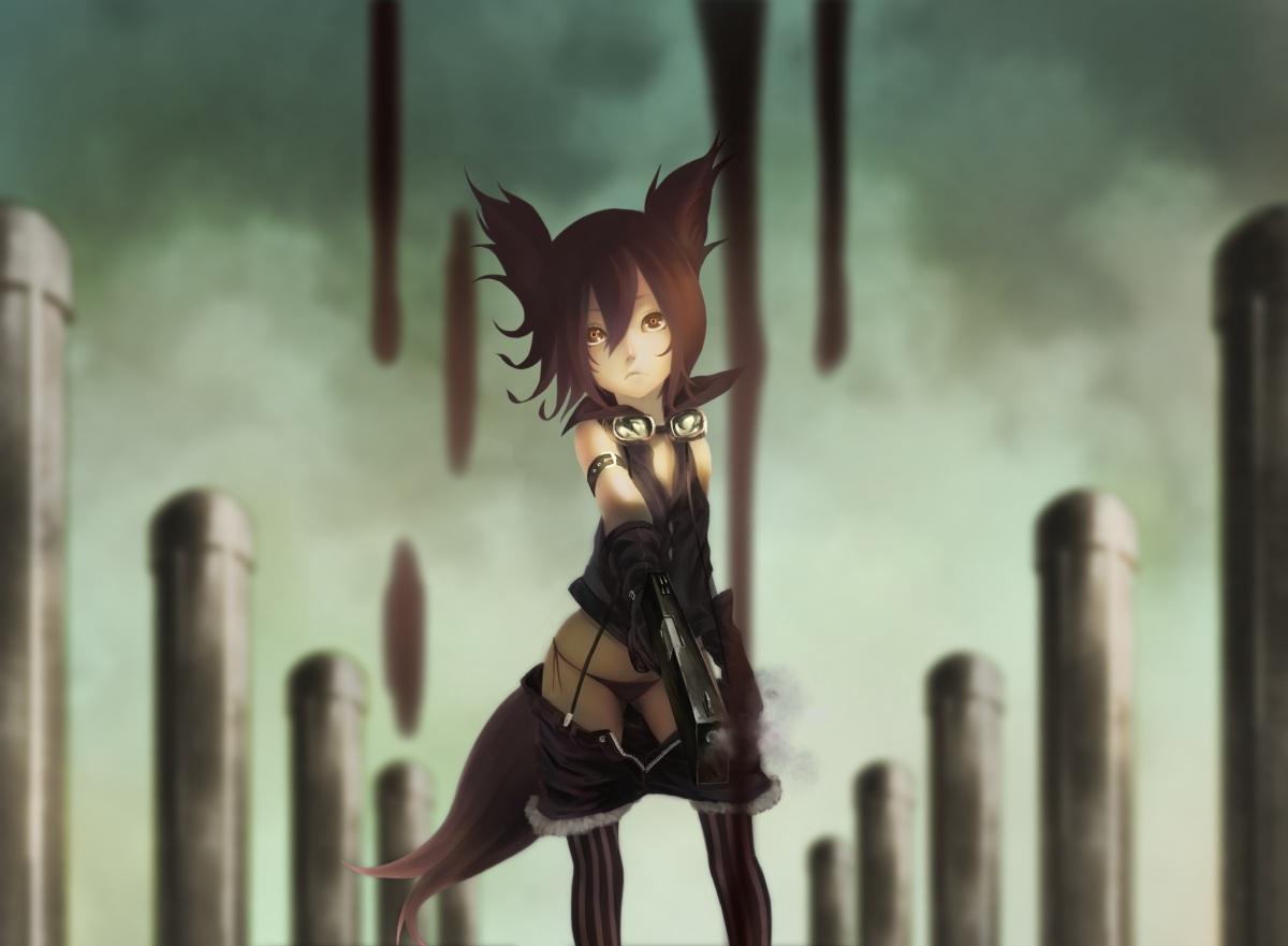 akaikitsune, animal_ears, blood, brown_eyes, brown_hair, foxgirl, goggles, gun