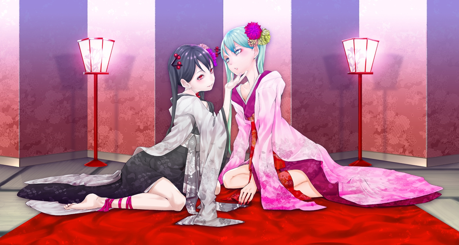 aqua_eyes, aqua_hair, black_hair, hatsune_miku, japanese_clothes, kimono, red_eyes, ribbons, shiro_(nitto), shoujo_ai, twintails, vocaloid