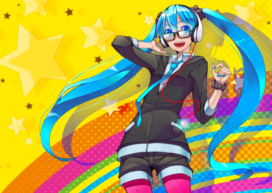 blue_eyes, blue_hair, glasses, hatsune_miku, headphones, long_hair, shiro_(nitto), shorts, tie, twintails, vocaloid