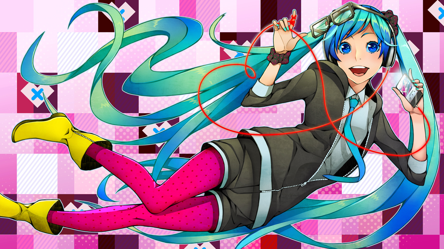blue_eyes, blue_hair, boots, glasses, hatsune_miku, headphones, long_hair, pantyhose, shiro_(nitto), shorts, tie, twintails, vocaloid