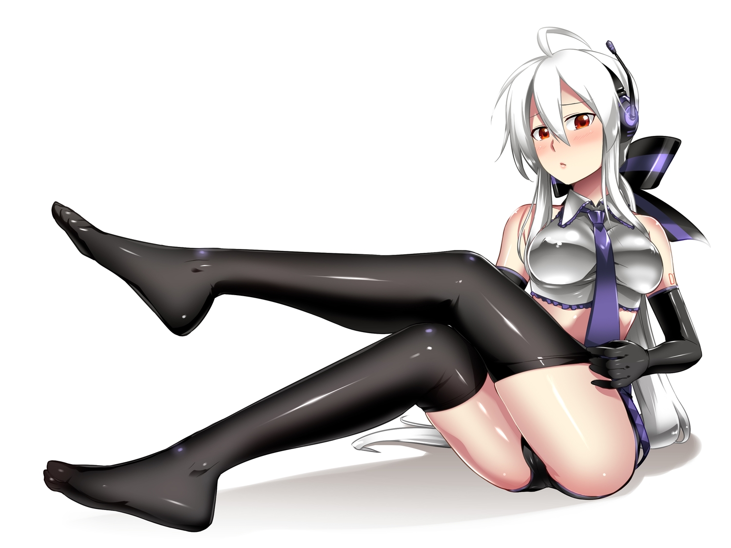 blush, caffein, dressing, elbow_gloves, gloves, headphones, long_hair, red_eyes