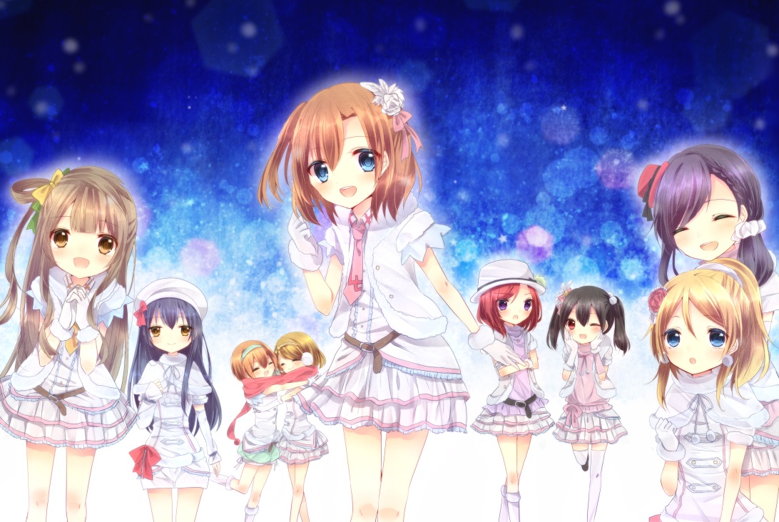 ayase_eri, blonde_hair, blue_eyes, blue_hair, brown_eyes, brown_hair, dress, gloves