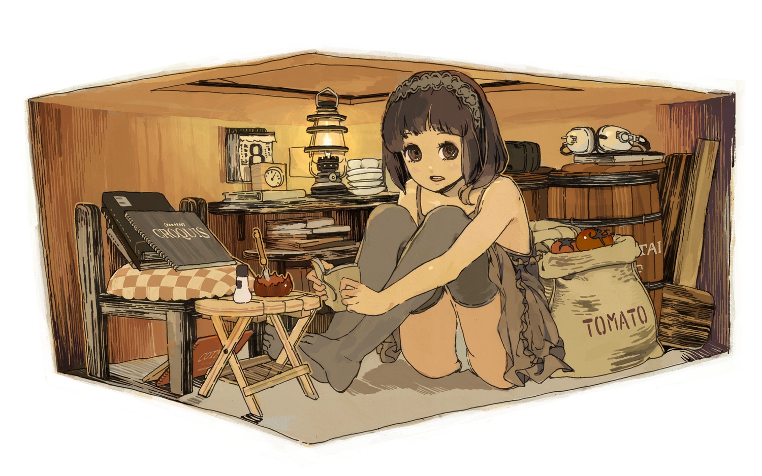 book, brown_eyes, brown_hair, dress, headdress, headphones, kacchuu, original