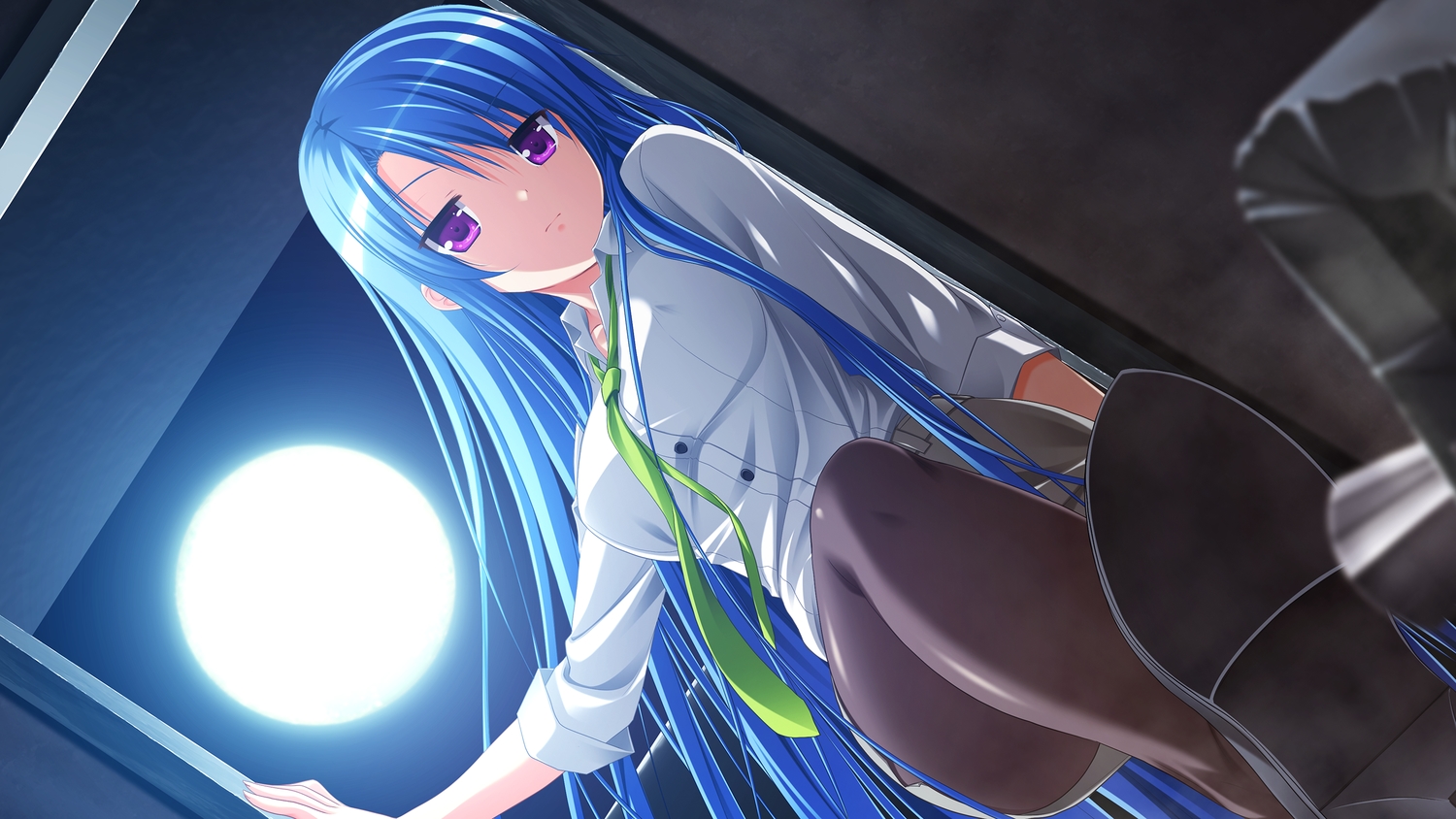 3rd_eye, blue_hair, game_cg, gensou_no_idea, long_hair, makita_maki, minase_kyoko, moon, night, pantyhose, purple_eyes, shirt, tie