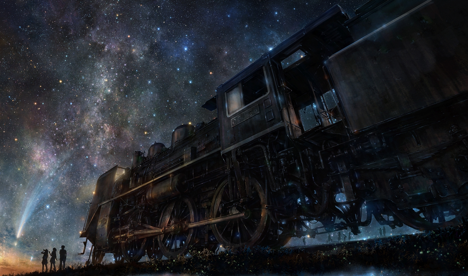 iy_tujiki, night, original, silhouette, sky, stars, train