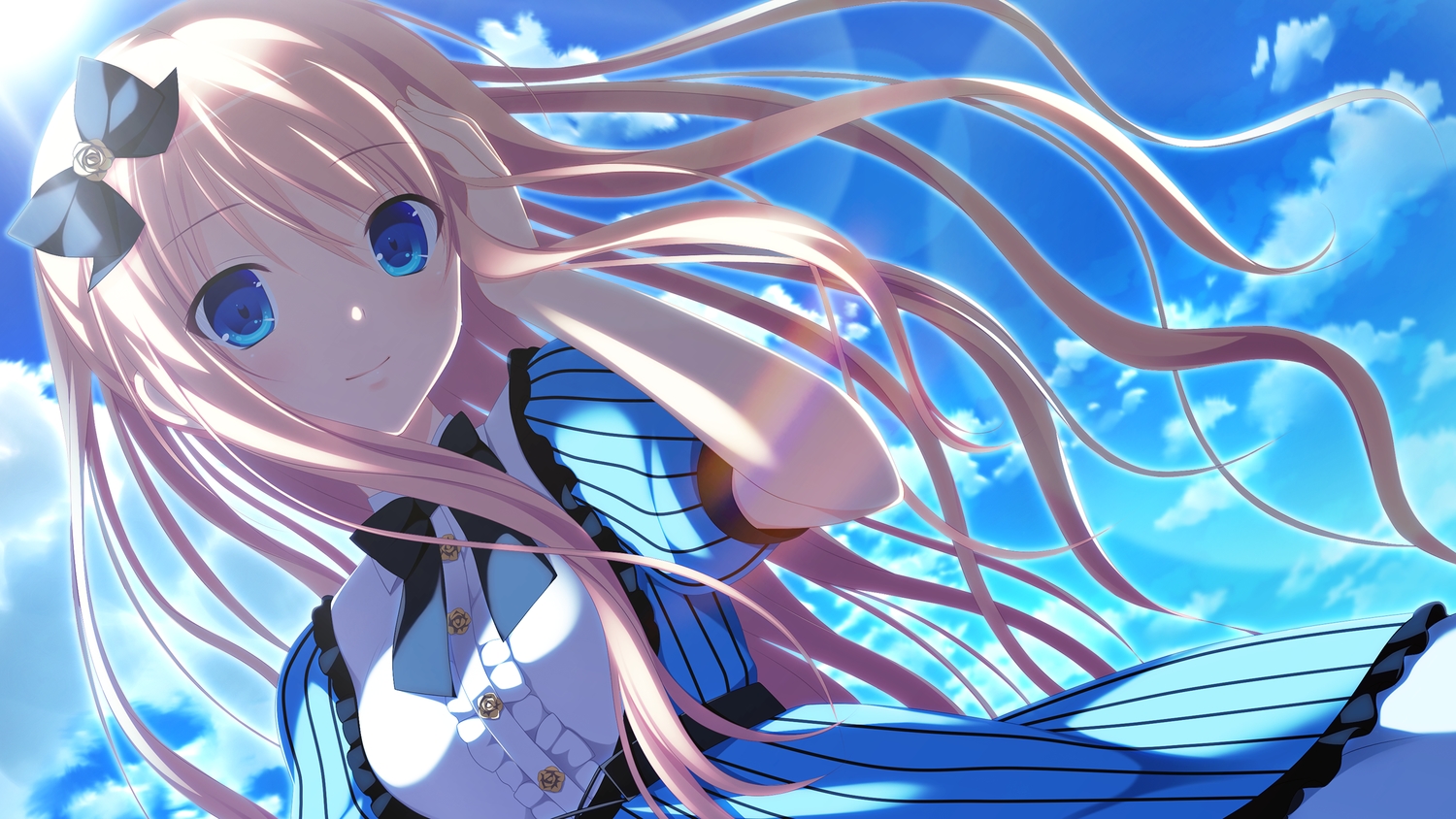 3rd_eye, blonde_hair, blue_eyes, bow, close, clouds, dress, game_cg