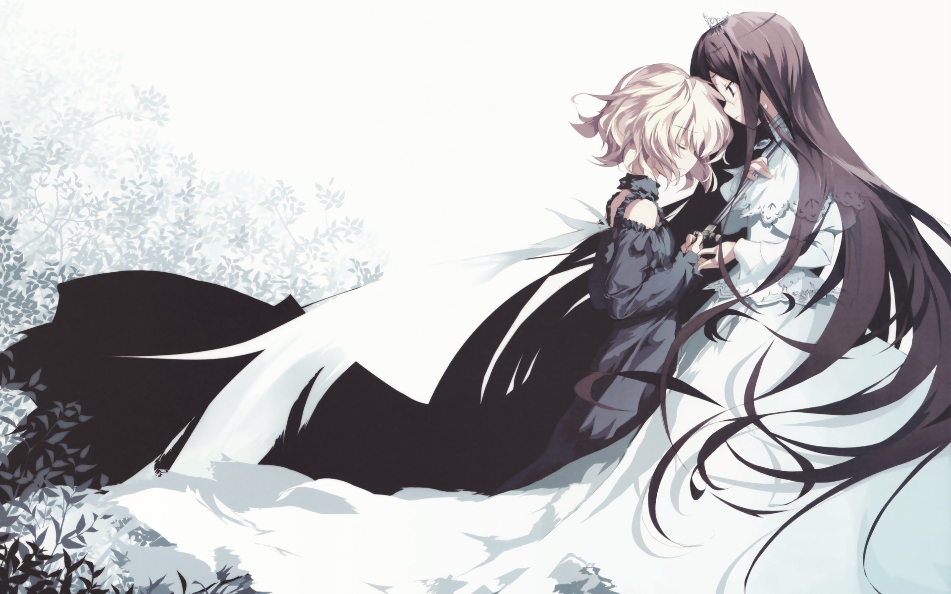 2girls, black_hair, blonde_hair, blush, christina_dorn, dress, efa, fue_(tsuzuku)