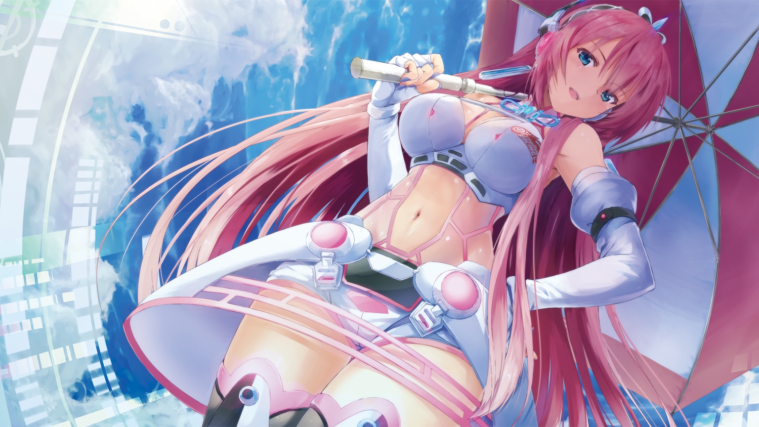 blue_eyes, daidou_(demitasse), elbow_gloves, gloves, long_hair, megurine_luka, navel, pink_hair, thighhighs, umbrella, vocaloid
