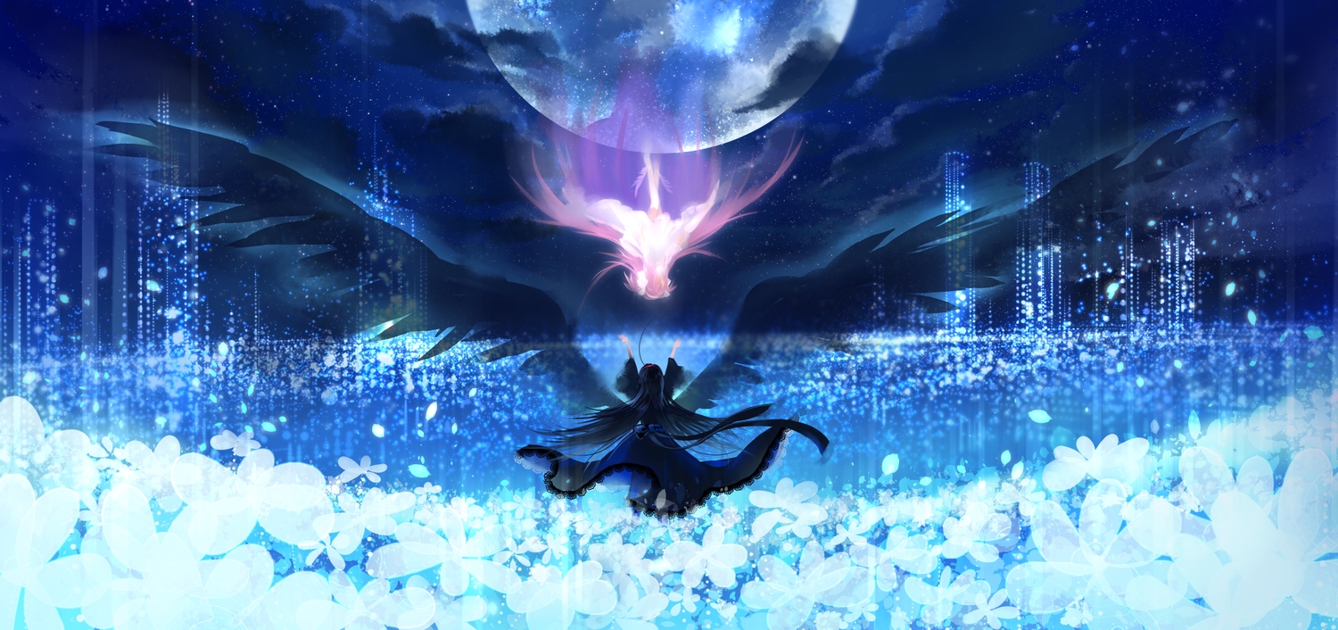 akemi_homura, black_hair, blue, dress, flowers, kaname_madoka, long_hair, mahou_shoujo_madoka_magica, moon, night, petals, pink_hair, stars, ultimate_madoka, wings, yukinokoe