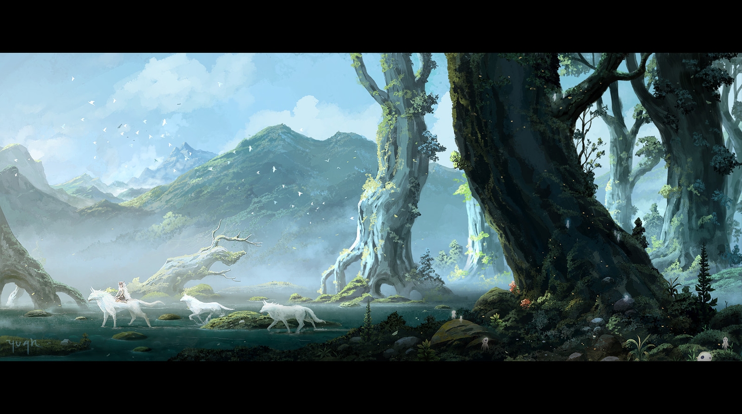 animal, bird, clouds, forest, grass, landscape, mononoke_hime, san