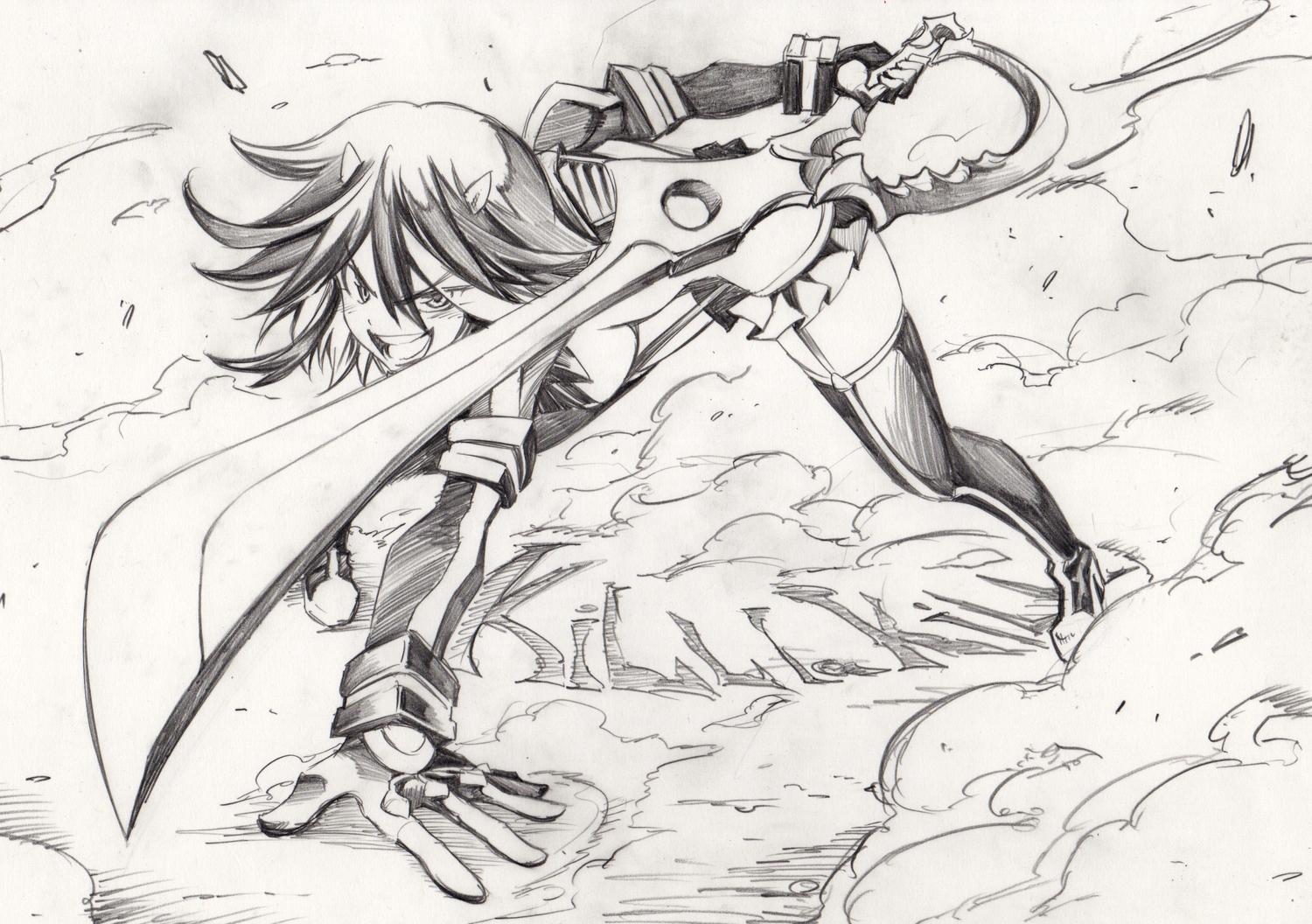 black_hair, gloves, kill_la_kill, matoi_ryuuko, monochrome, osusitan, short_hair, sketch, sword, thighhighs, uniform, weapon