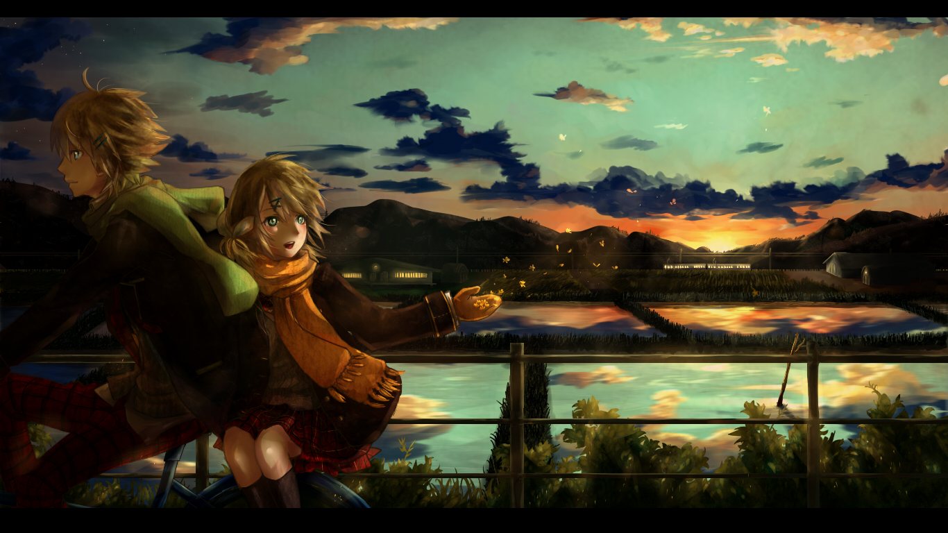 bicycle, blonde_hair, clouds, kagamine_len, kagamine_rin, male, march_son, scarf, school_uniform, sky, sunset, vocaloid