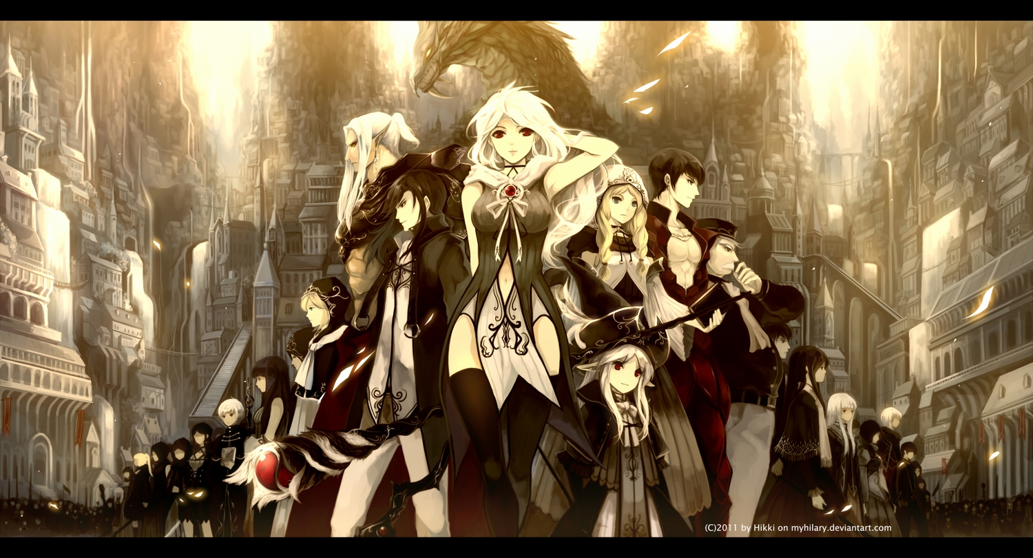 black_hair, blonde_hair, book, braids, building, chinese_clothes, chinese_dress, city, dragon, dress, group, hat, long_hair, mage, myhilary, open_shirt, original, pointed_ears, purple, red_eyes, short_hair, staff, thighhighs, watermark, white_hair