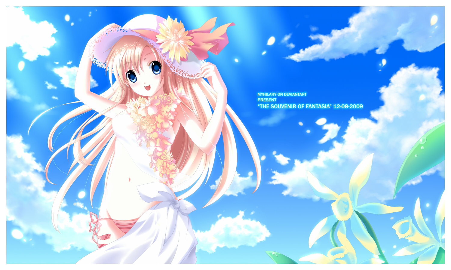 bikini, blue_eyes, clouds, flowers, hat, long_hair, myhilary, navel