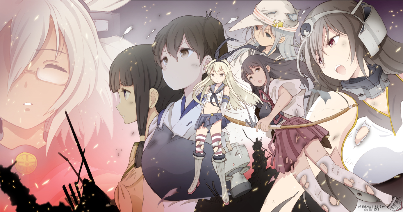 akagi_(kancolle), anthropomorphism, black_hair, blonde_hair, boots, bow_(weapon), brown_eyes, brown_hair