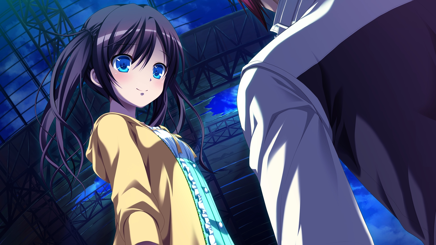 3rd_eye, akashi_(gensou_no_idea), blue_eyes, blush, brown_hair, clouds, game_cg, gensou_no_idea