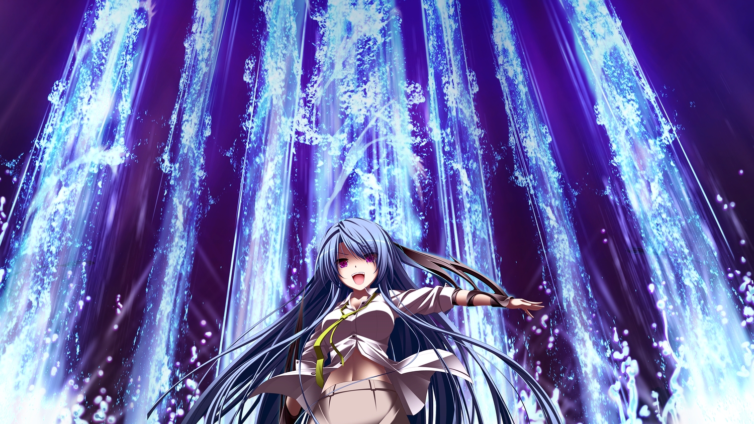 3rd_eye, blue_hair, game_cg, gensou_no_idea, long_hair, makita_maki, minase_kyoko, purple_eyes, water