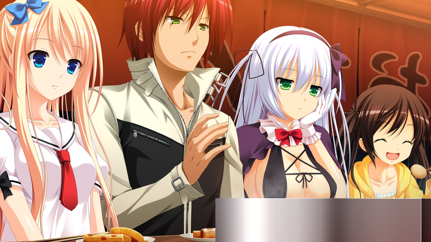 3rd_eye, akashi_(gensou_no_idea), blonde_hair, blue_eyes, bow, food, game_cg, gensou_no_idea