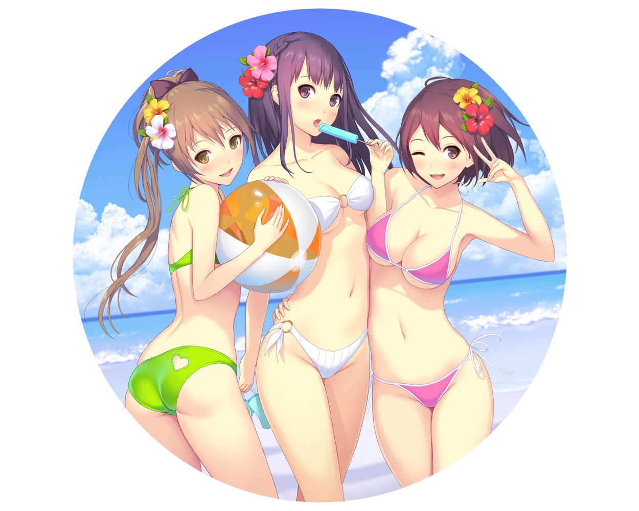 ass, ball, beach, bikini, bow, breasts, brown_eyes, brown_hair, cleavage, clouds, flowers, food, ice_cream, long_hair, mana_kakkowarai, navel, original, short_hair, swimsuit, white, wink, yellow_eyes