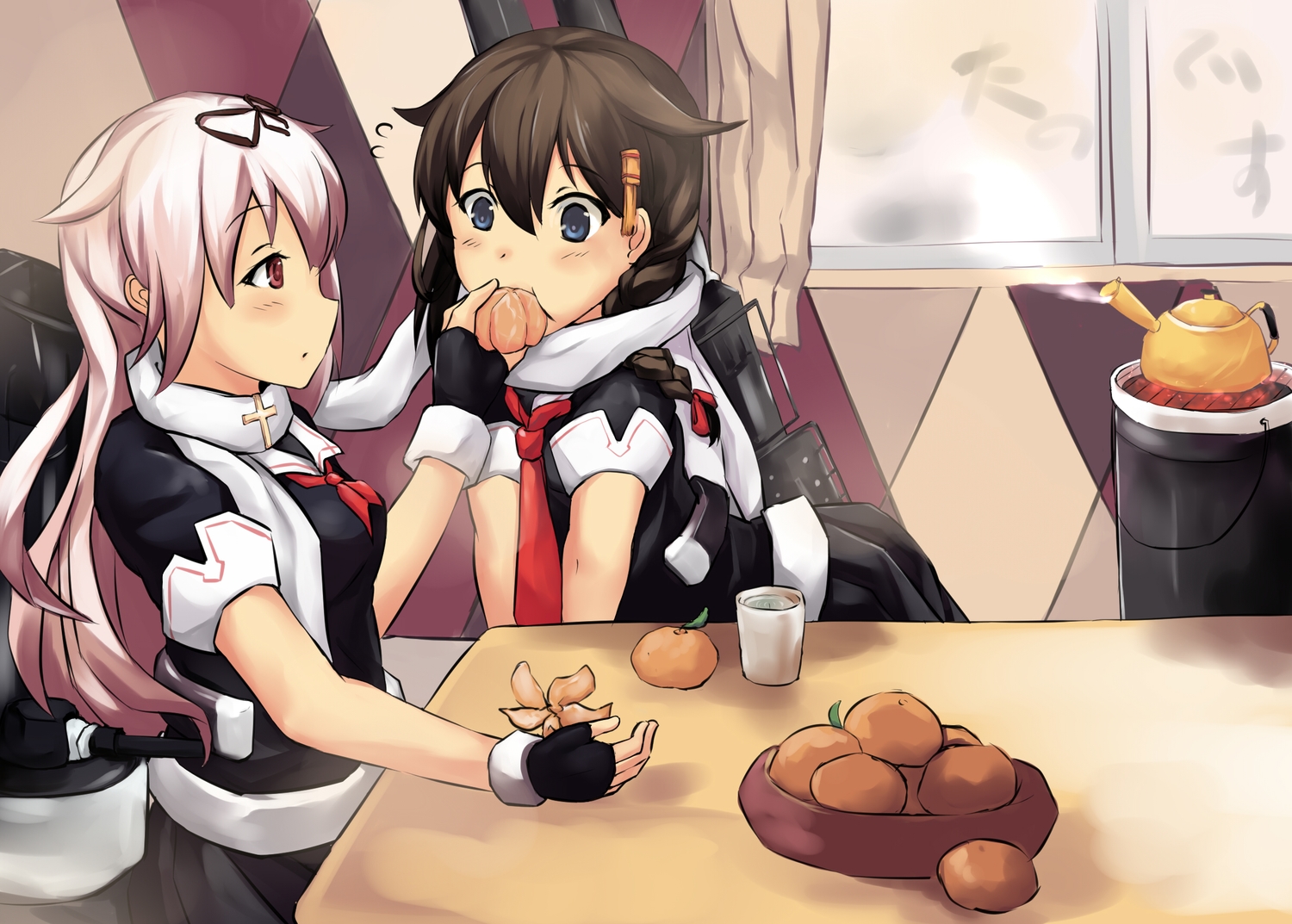 2girls, anthropomorphism, blue_eyes, blush, bow, braids, brown_hair, drink