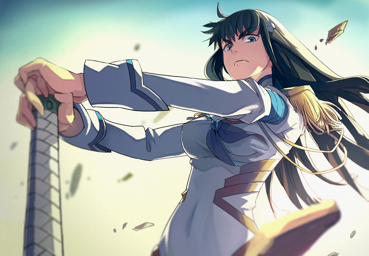 black_hair, blue_eyes, katana, kill_la_kill, kiryuin_satsuki, long_hair, school_uniform, sugi_koutarou, sword, weapon