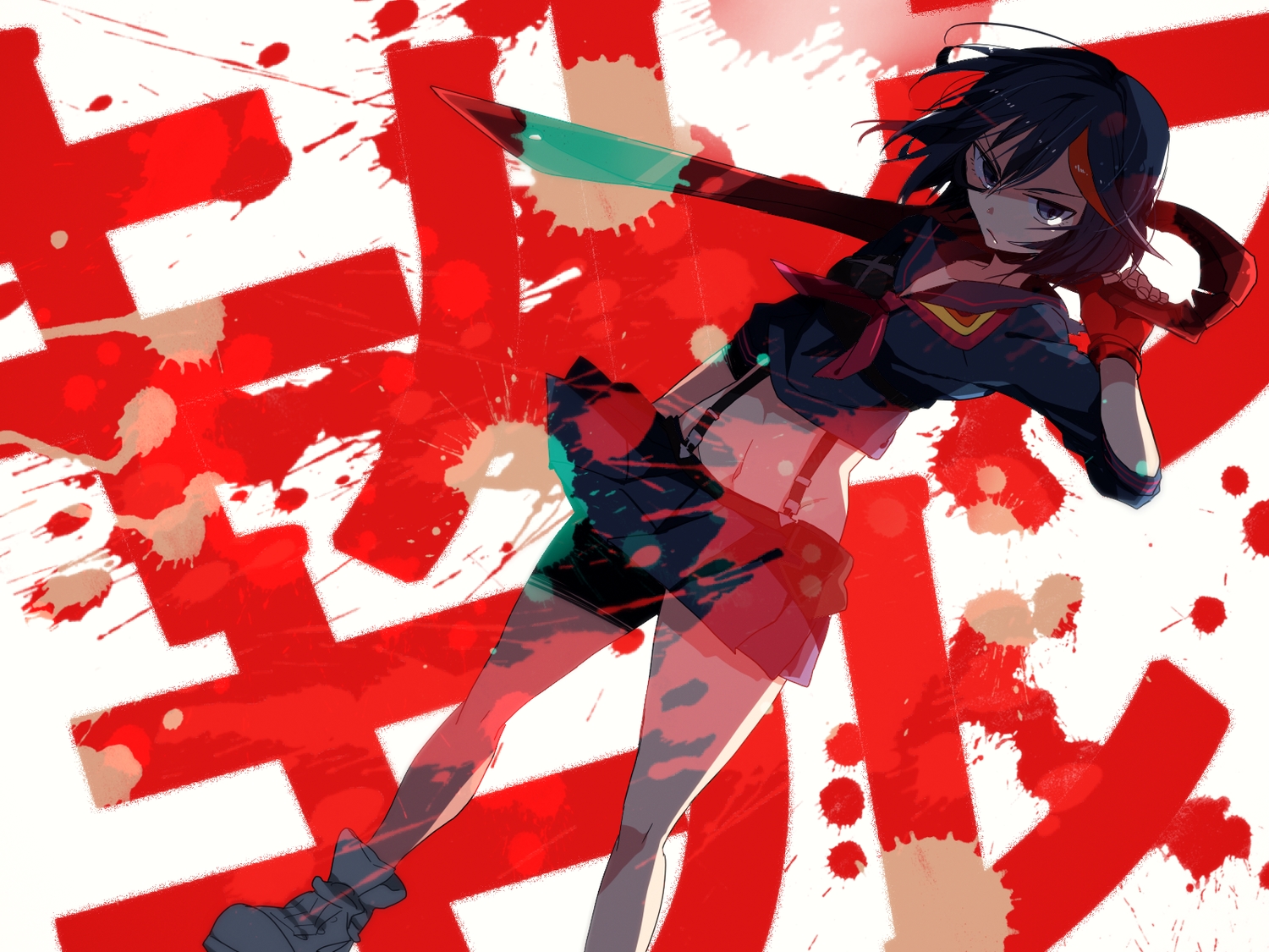 anko_(kirikiri), black_eyes, black_hair, kill_la_kill, matoi_ryuuko, navel, school_uniform, short_hair, weapon