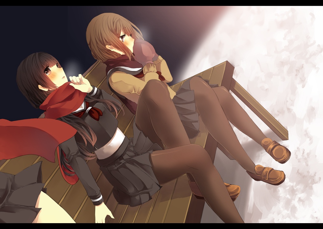 black_hair, blush, brown_eyes, brown_hair, original, pantyhose, scarf, school_uniform, sikinoyukinnko, skirt