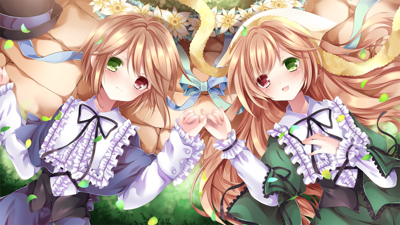 2girls, bicolored_eyes, blush, bow, brown_hair, flowers, hat, long_hair