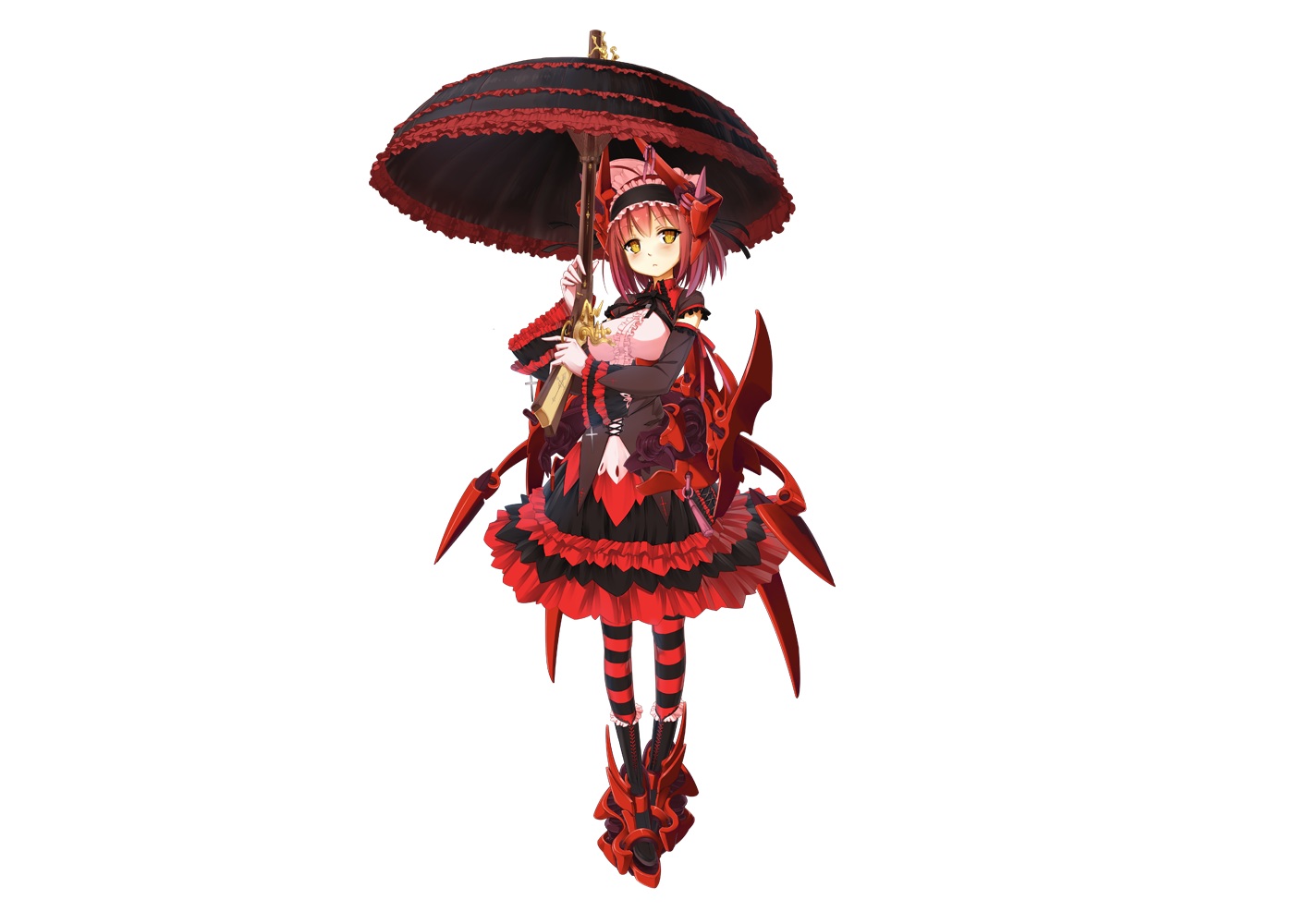 aoi_tsunami, boots, dress, goth-loli, gun, headband, lolita_fashion, pantyhose, red_hair, short_hair, shoujo_kikai_web, umbrella, weapon, white, yellow_eyes