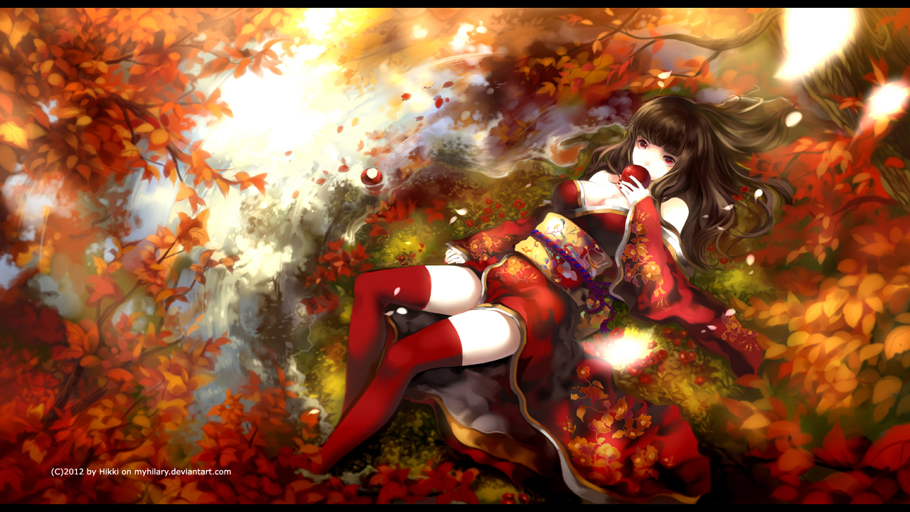 apple, autumn, black_hair, breasts, cleavage, food, fruit, japanese_clothes