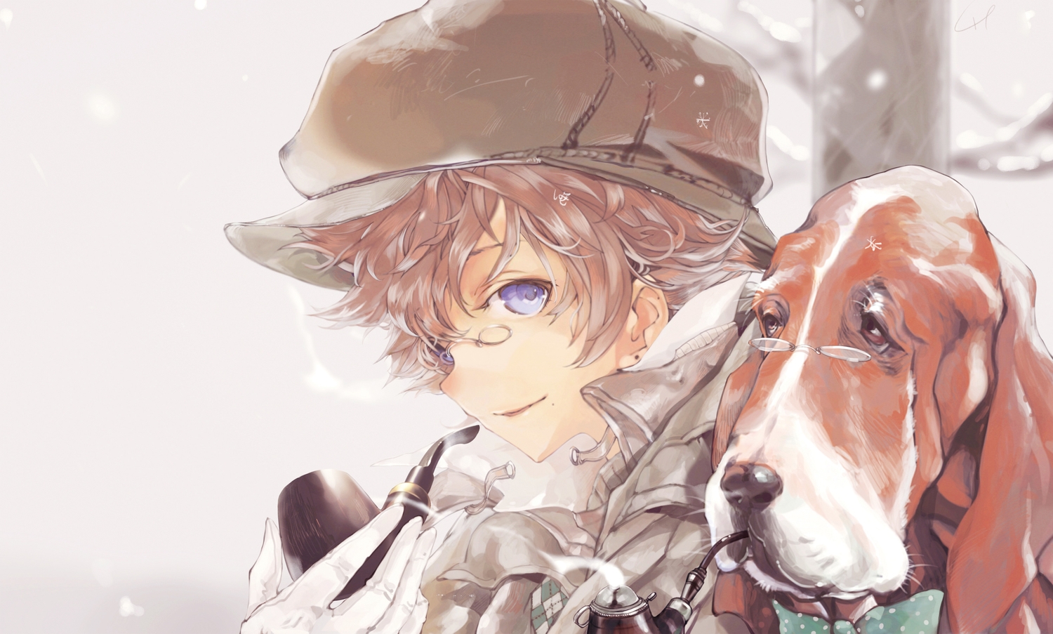animal, blue_eyes, brown_hair, dog, glasses, gloves, hat, hpknight