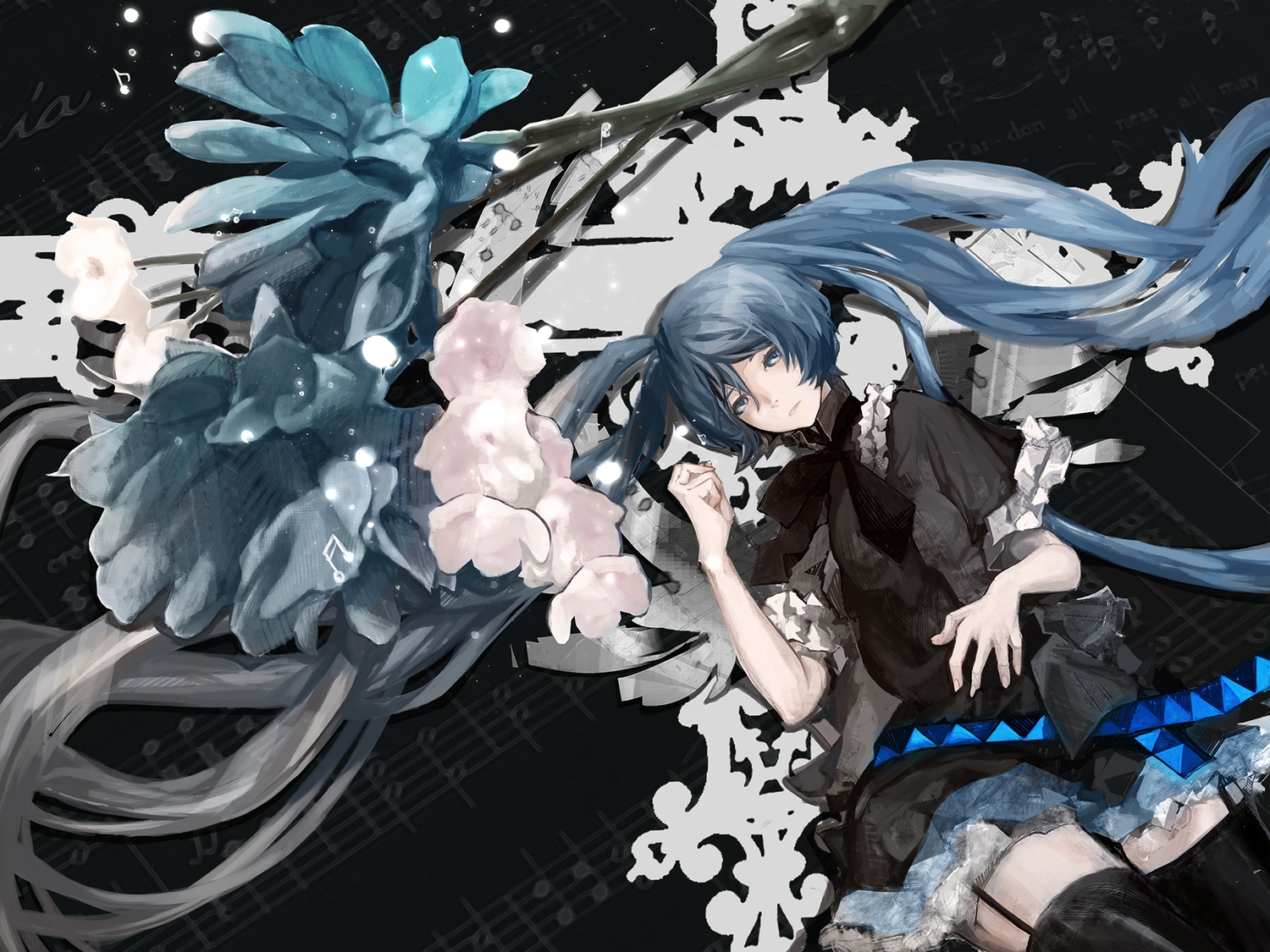 blue_eyes, blue_hair, flowers, garter_belt, hatsune_miku, long_hair, music, nello_(luminous_darkness)
