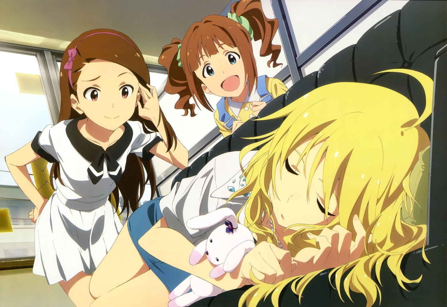 blonde_hair, blue_eyes, bow, brown_eyes, brown_hair, hoshii_miki, idolmaster, megami, minase_iori, scan, school_uniform, sleeping, takatsuki_yayoi, tanaka_yuusuke, teddy_bear, twintails
