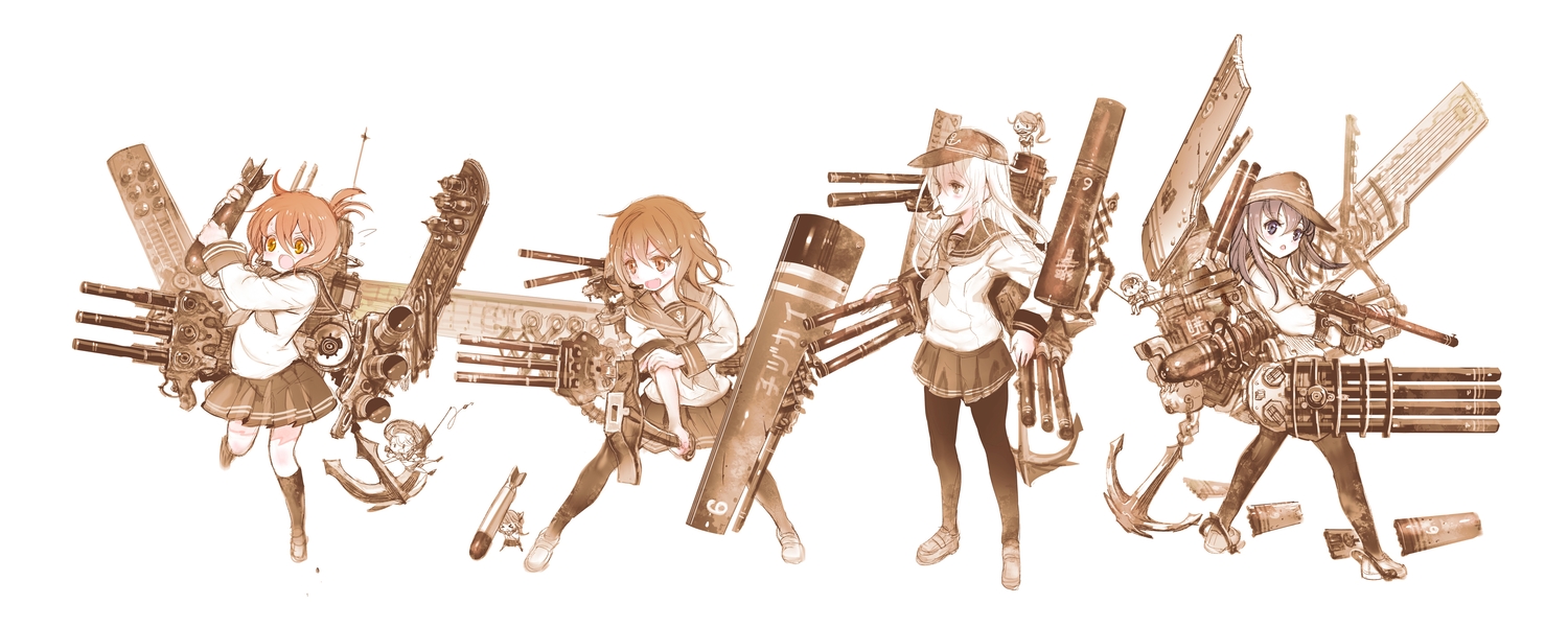 akatsuki_(kancolle), anthropomorphism, dualscreen, equipments_fairy_(kancolle), gray_eyes, group, hat, hibiki_(kancolle), ikazuchi_(kancolle), inazuma_(kancolle), kantai_collection, kneehighs, long_hair, nagasawa_shin, orange_eyes, pantyhose, polychromatic, school_uniform, short_hair, sketch, skirt, thighhighs, weapon