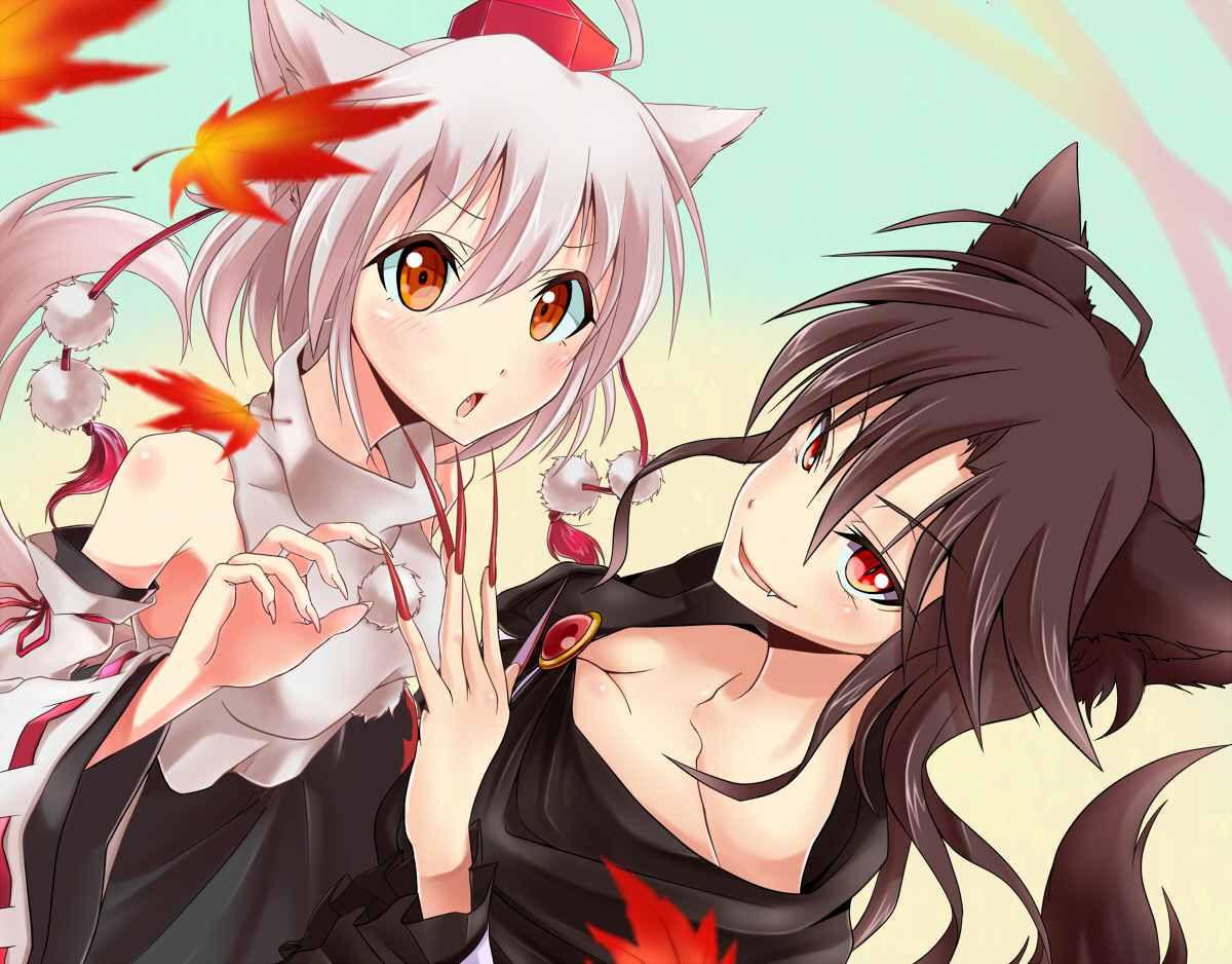 2girls, animal_ears, autumn, brown_hair, fang, hat, imaizumi_kagerou, inubashiri_momiji, kakao_rantan, leaves, orange_eyes, red_eyes, tail, touhou, white_hair, wolfgirl