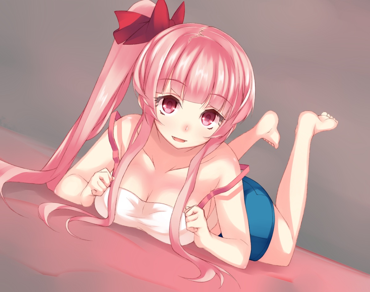 barefoot, bow, breasts, cleavage, long_hair, original, pink_eyes, pink_hair