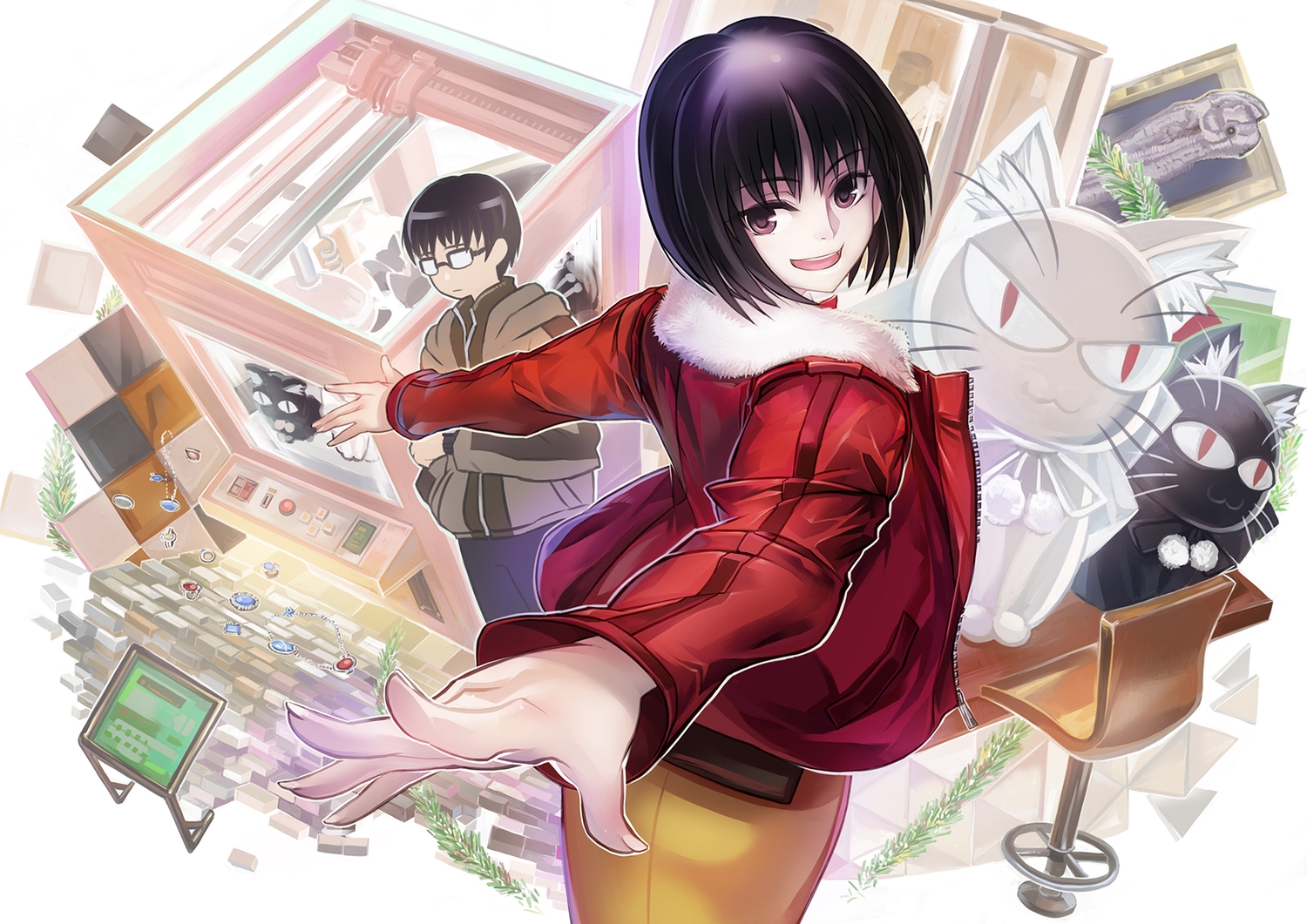 animal, black_hair, brown_eyes, cat, glasses, japanese_clothes, kara_no_kyoukai, kimono