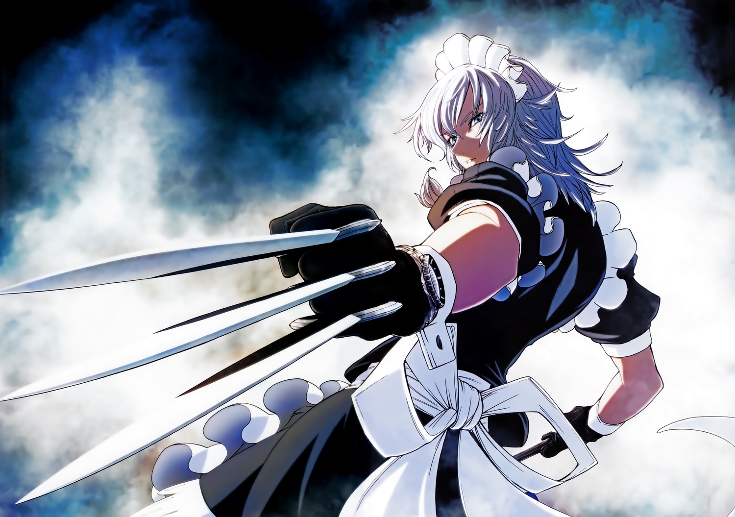 blue_eyes, gloves, headdress, imizu_(nitro_unknown), izayoi_sakuya, knife, maid, scan