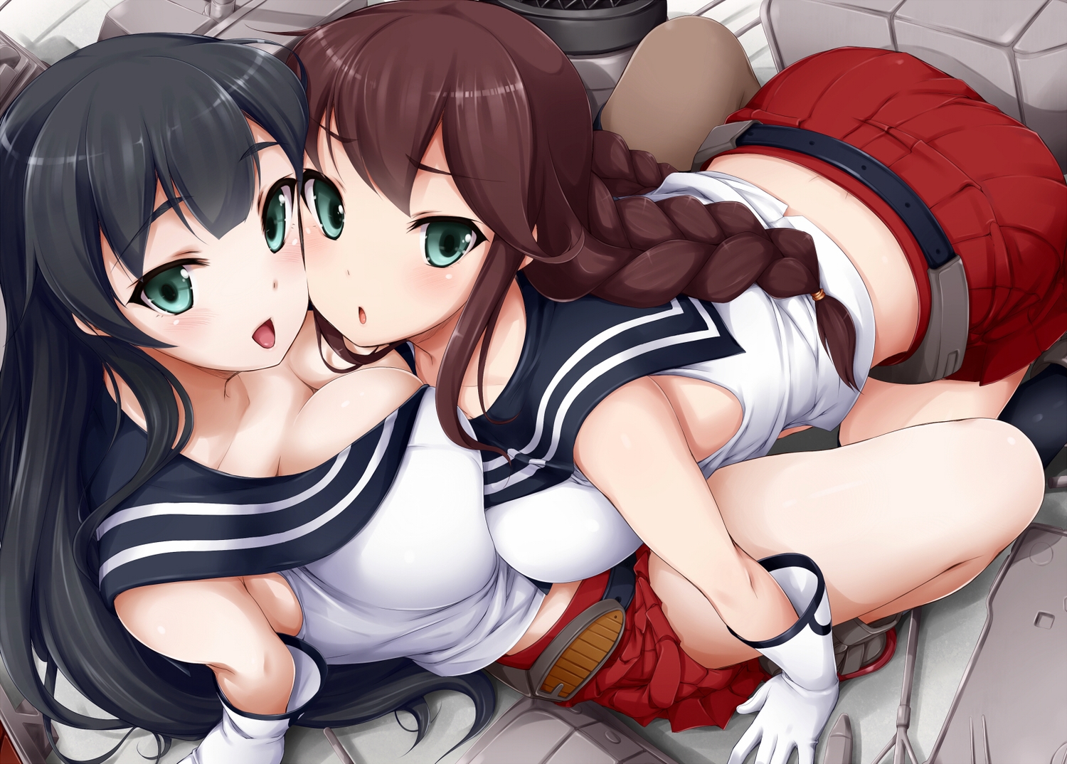 2girls, agano_(kancolle), anthropomorphism, black_hair, blush, braids, breasts, brown_hair, cleavage, gloves, green_eyes, kantai_collection, long_hair, noshiro_(kancolle), skirt, zyaan
