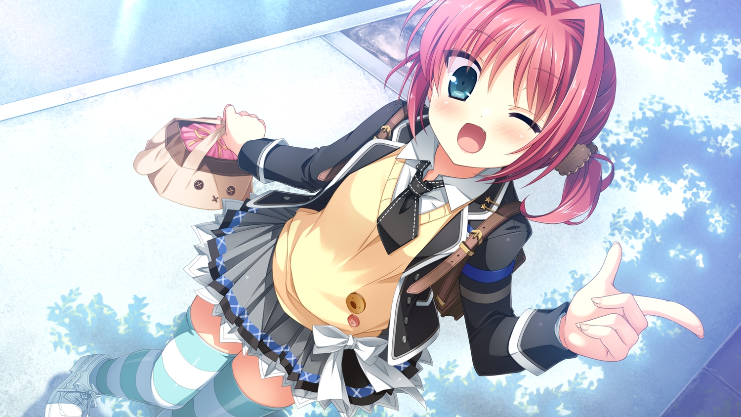aqua_eyes, blush, bow, fang, game_cg, himemiya_yurika, hulotte, ikegami_akane, imouto_no_okage_de_mote_sugite_yabai, red_hair, school_uniform, short_hair, thighhighs, tie, wink