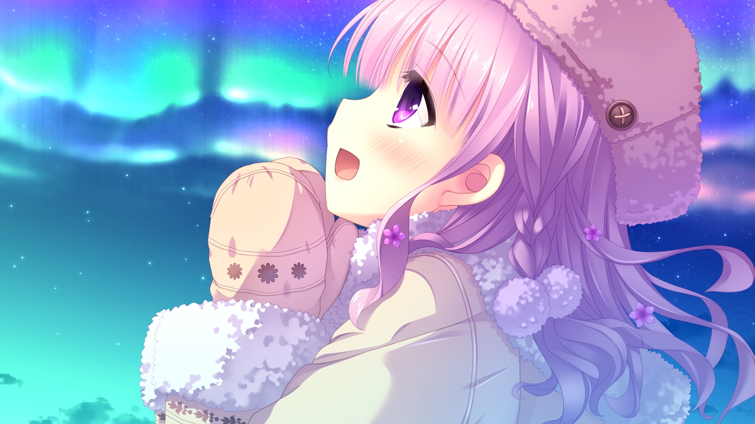 blush, close, clouds, flowers, game_cg, hat, hulotte, ikegami_akane, imouto_no_okage_de_mote_sugite_yabai, long_hair, purple_eyes, purple_hair, sky, stars, yonaga_aoba