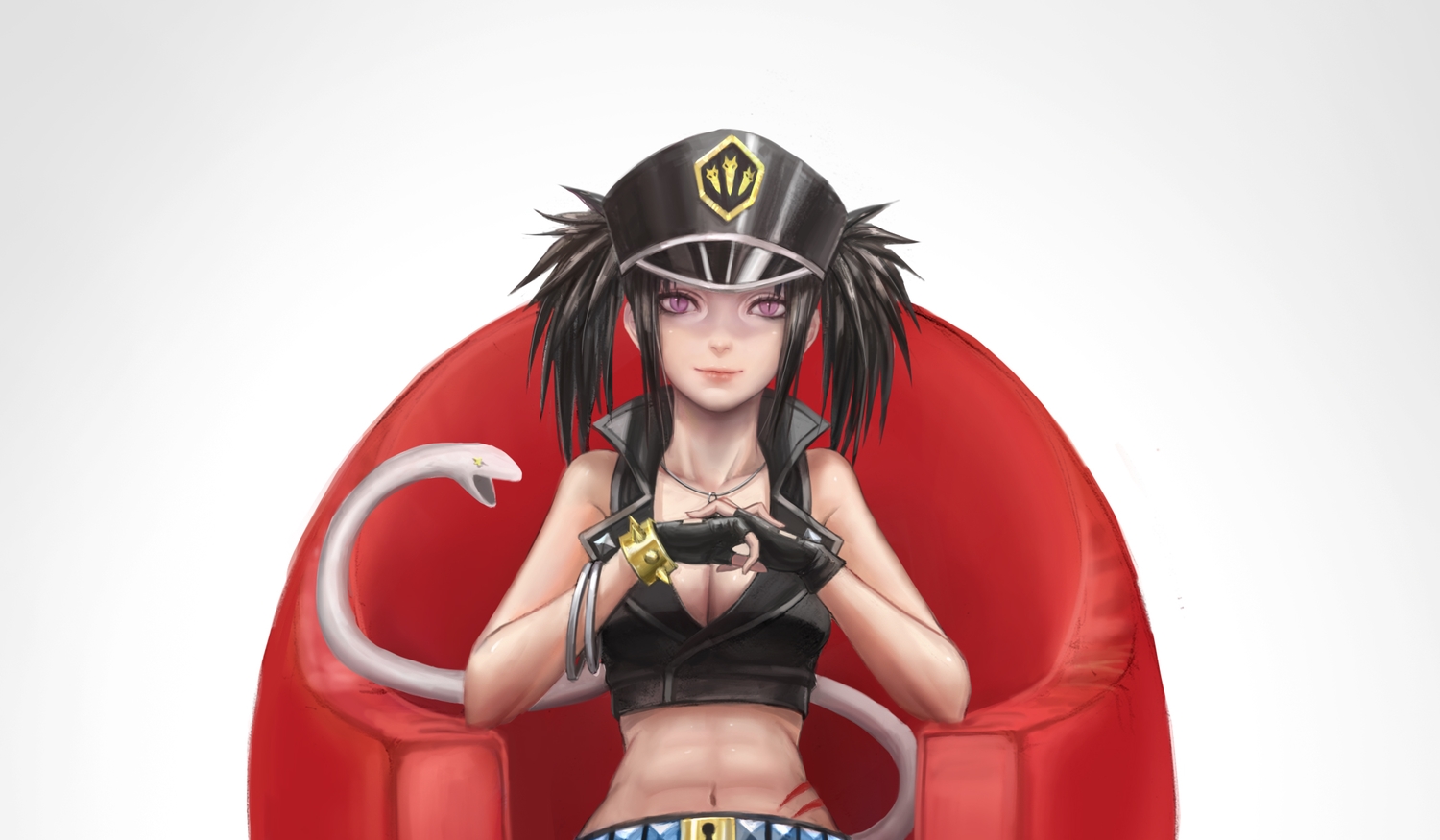 animal, berros, black_hair, blood_lad, breasts, cleavage, gloves, hat, infukun, navel, necklace, pink_eyes, snake, twintails, white