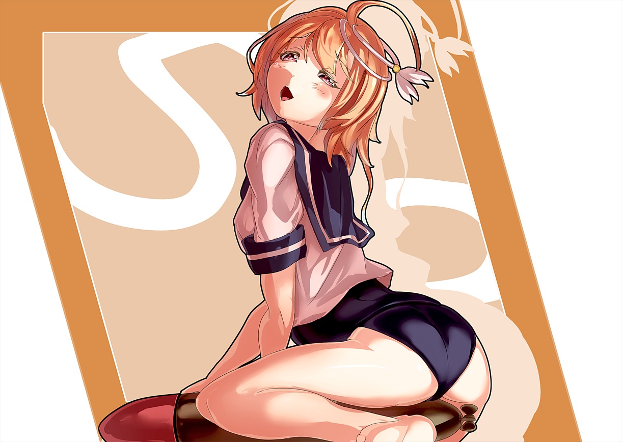 anthropomorphism, ass, blush, ere_(2516325), i-58_(kancolle), kantai_collection, orange_hair, pink_eyes, school_swimsuit, school_uniform, short_hair, swimsuit