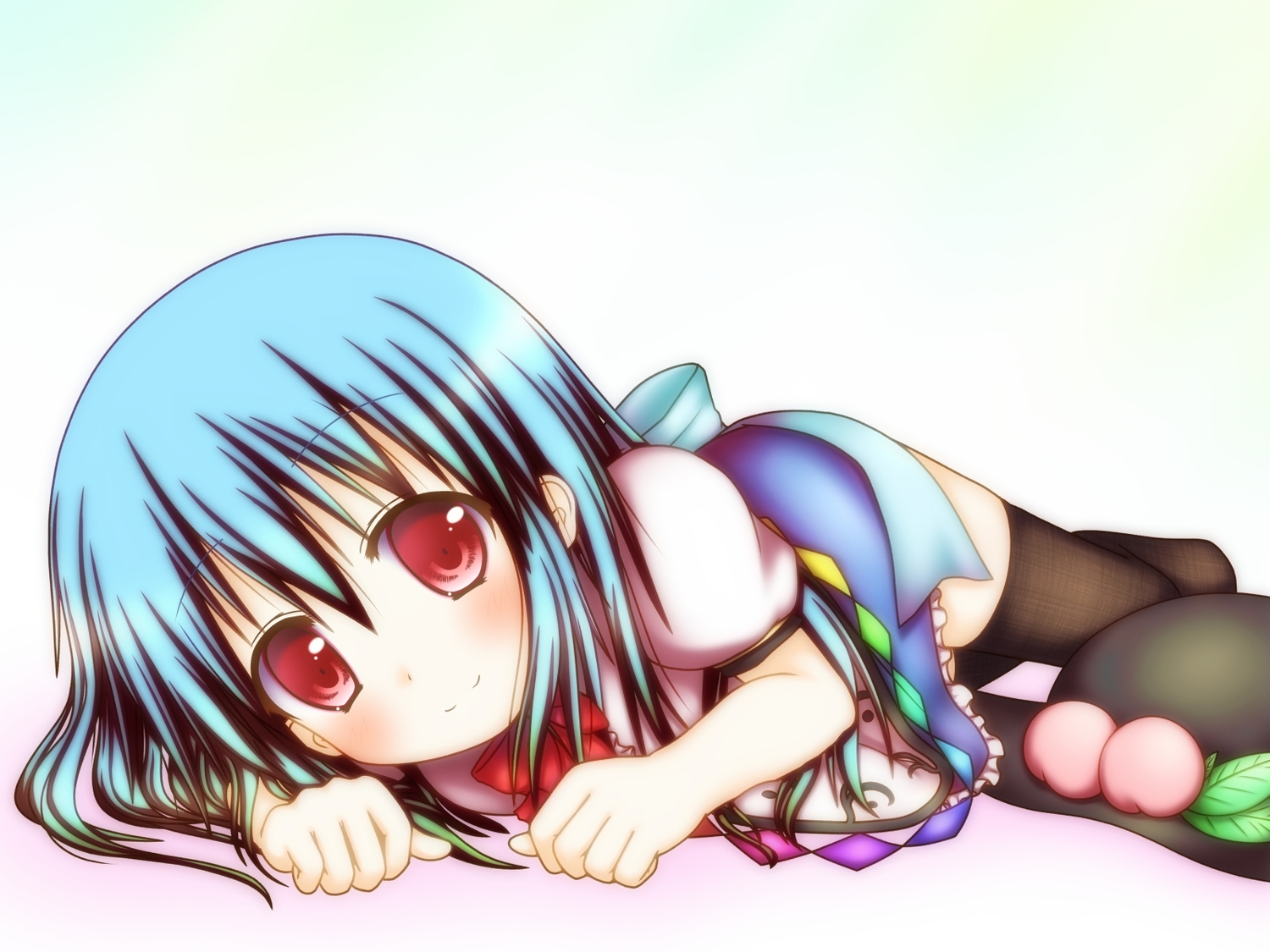 blue_hair, food, fruit, hat, hestia_(neko_itachi), hinanawi_tenshi, long_hair, red_eyes, thighhighs, touhou, white