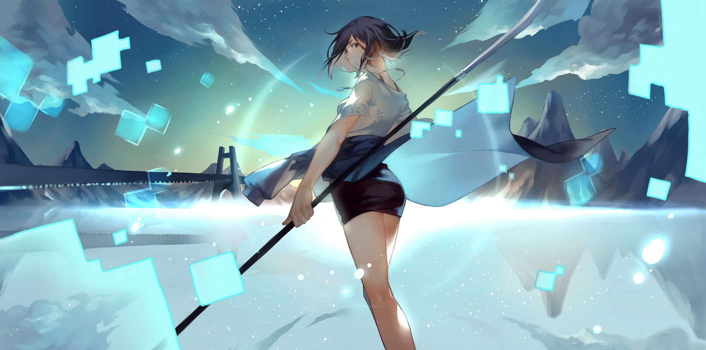 black_hair, joseph_lee, jpeg_artifacts, kyoukai_no_kanata, nase_izumi, necklace, short_hair, weapon